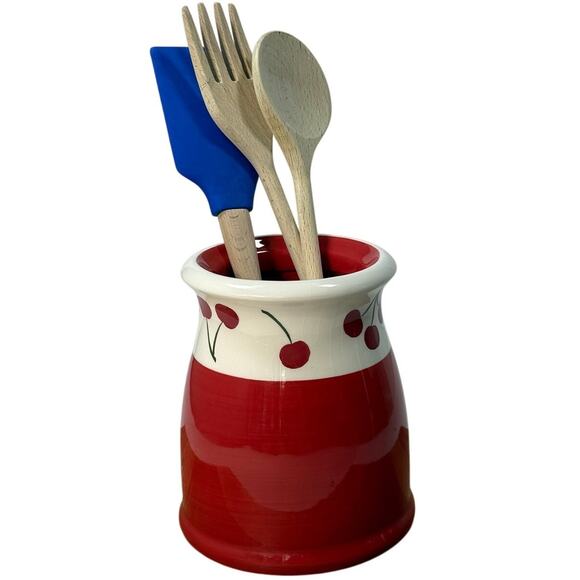 Terramoto Two Earthenware Cherry Vase Red White Kitchen Utensil Holder 7” - Picture 2 of 6